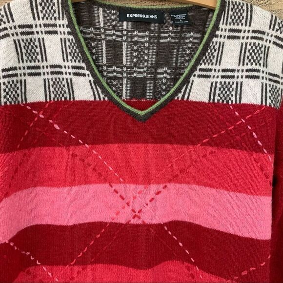 Y2K 90s Sweater Plaid Stripe Wool pink Contrast Boxy Oversized V Neck Express L - Picture 5 of 15
